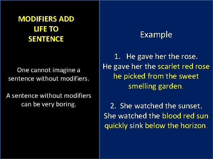 MODIFIERS ADD LIFE TO SENTENCE One cannot imagine a sentence without modifiers. A sentence