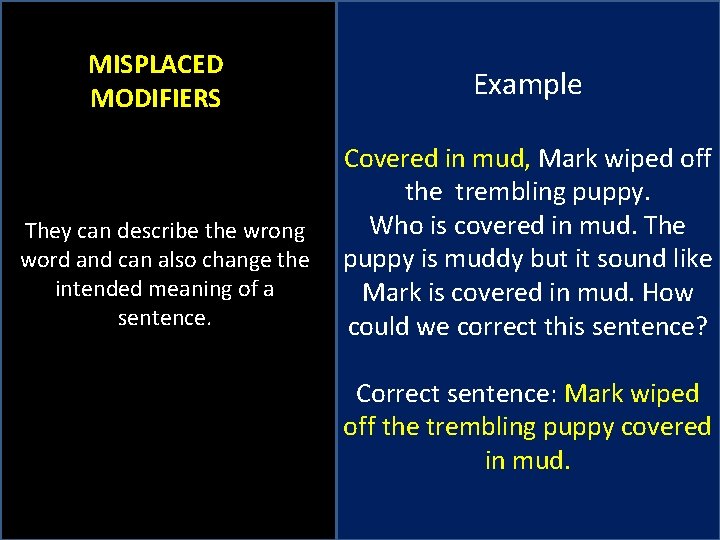MISPLACED MODIFIERS Example Covered in mud, Mark wiped off the trembling puppy. Who is