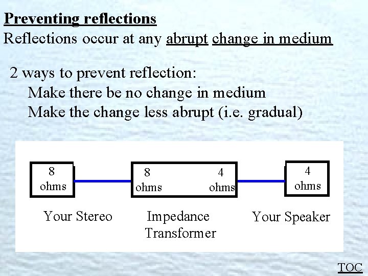 Preventing reflections Reflections occur at any abrupt change in medium 2 ways to prevent