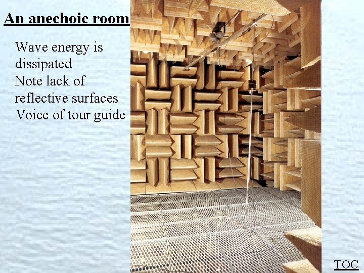 An anechoic room Wave energy is dissipated Note lack of reflective surfaces Voice of