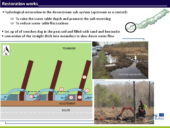 Restoration works____________________________ • Hydrological restoration in the downstream sub-system (upstream as a control): To