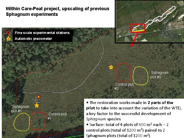 Within Care-Peat project, upscaling of previous Sphagnum experiments Fine scale experimental stations Automatic piezometer