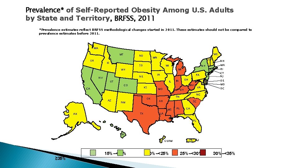 Prevalence* of Self-Reported Obesity Among U. S. Adults by State and Territory, BRFSS, 2011