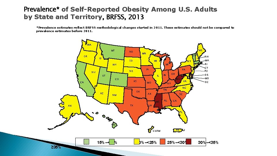 Prevalence* of Self-Reported Obesity Among U. S. Adults by State and Territory, BRFSS, 2013