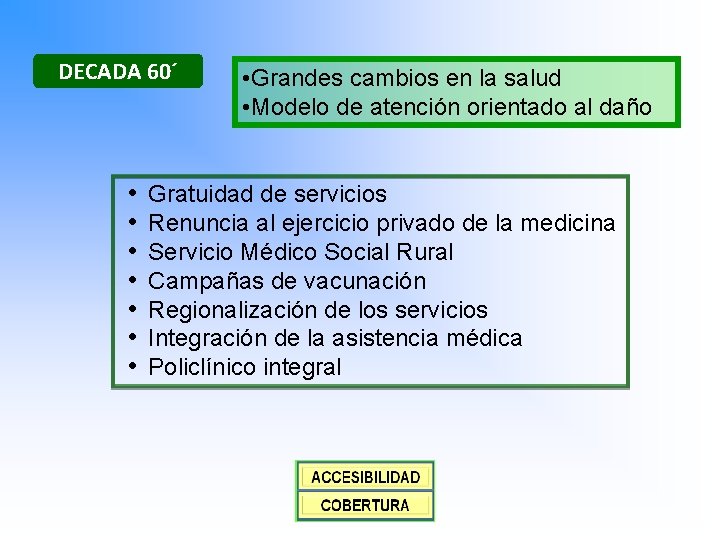 DECADA 60´ • • Grandes cambios en la salud • Modelo de atención orientado
