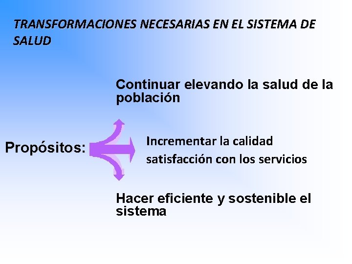 TRANSFORMACIONES NECESARIAS EN EL SISTEMA DE SALUD Continuar elevando la salud de la población