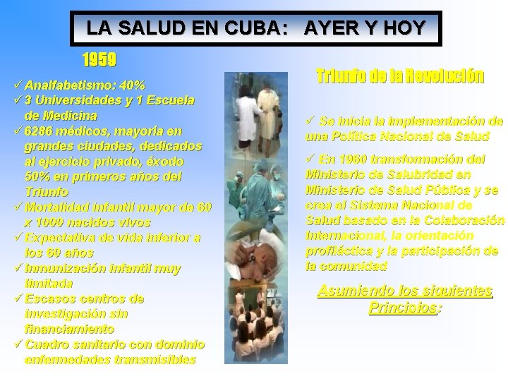 LA SALUD EN CUBA: AYER Y HOY 1959 üAnalfabetismo: 40% ü 3 Universidades y