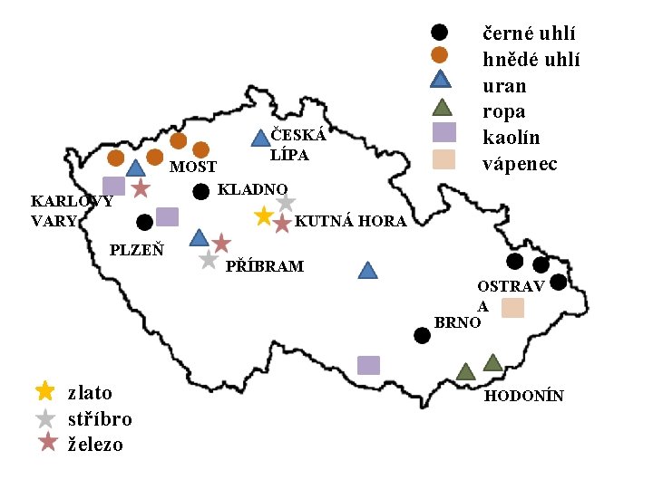 ČESKÁ LÍPA KARLOVY VARY PLZEŇ MOST KLADNO černé uhlí hnědé uhlí uran ropa kaolín