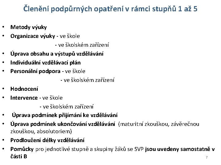 Členění podpůrných opatření v rámci stupňů 1 až 5 • Metody výuky • Organizace