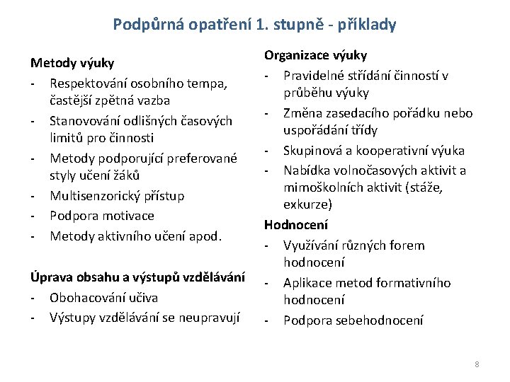 Podpůrná opatření 1. stupně - příklady Metody výuky - Respektování osobního tempa, častější zpětná