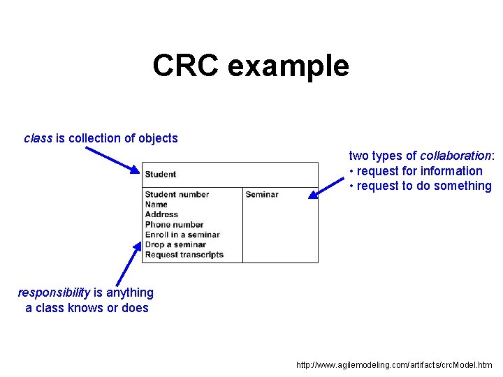 CRC example class is collection of objects two types of collaboration: • request for