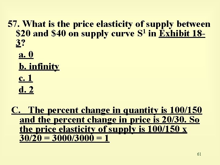 57. What is the price elasticity of supply between $20 and $40 on supply