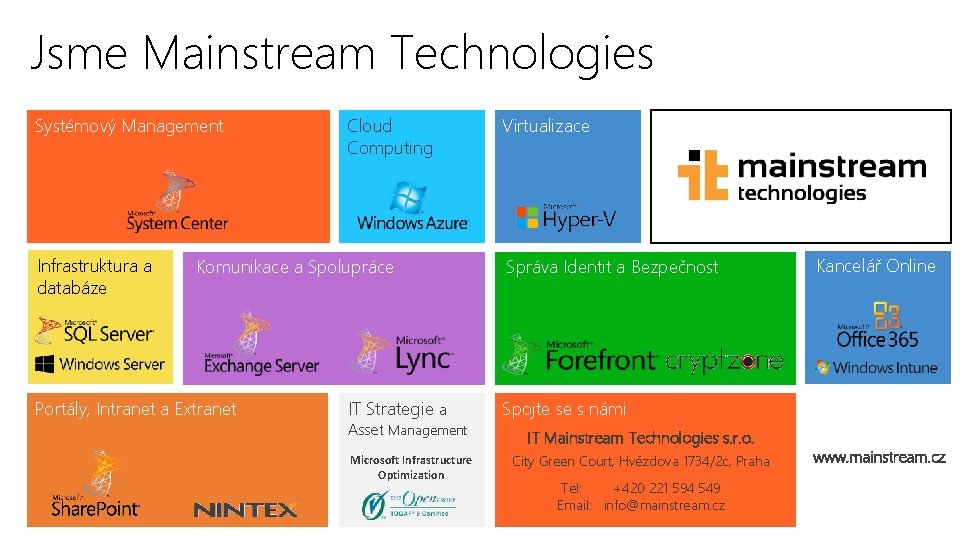 Jsme Mainstream Technologies Systémový Management Infrastruktura a databáze Cloud Computing Komunikace a Spolupráce Portály,