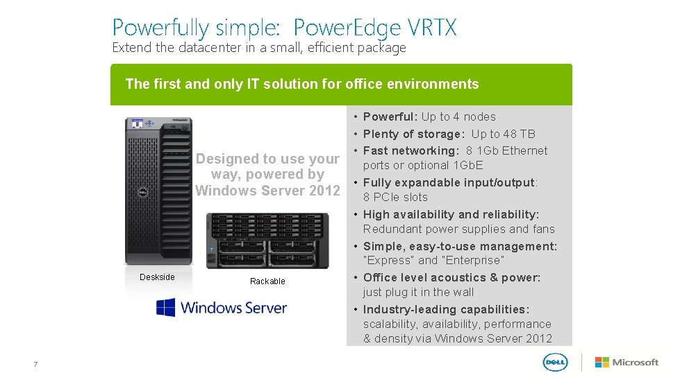 Powerfully simple: Power. Edge VRTX Extend the datacenter in a small, efficient package The