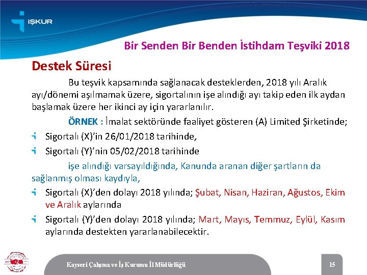 Bir Senden Bir Benden İstihdam Teşviki 2018 Destek Süresi Bu teşvik kapsamında sağlanacak desteklerden,