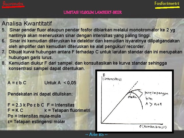 Fosforimetri fluorimetri LIMITASI HUKUM LAMBERT-BEER Analisa Kwantitatif 5. Sinar pendar fluor ataupun pendar fosfor