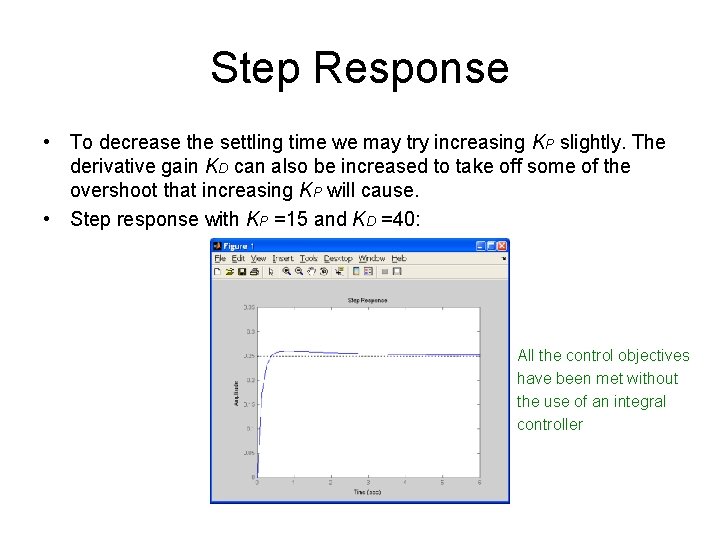 Step Response • To decrease the settling time we may try increasing KP slightly.