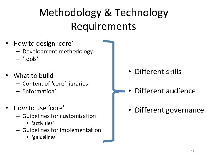 Methodology & Technology Requirements • How to design ‘core’ – Development methodology – ‘tools’