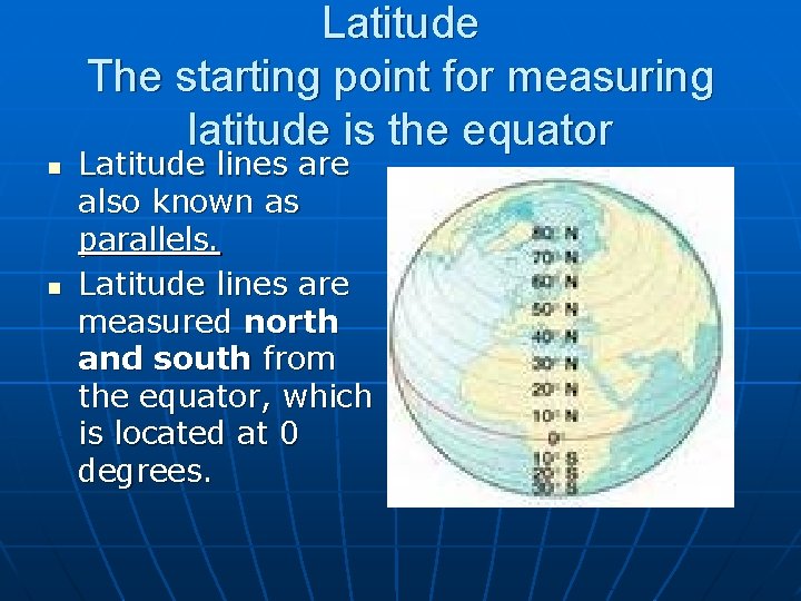 Latitude The starting point for measuring latitude is the equator n n Latitude lines Latitude The starting point for measuring latitude is the equator n n Latitude lines
