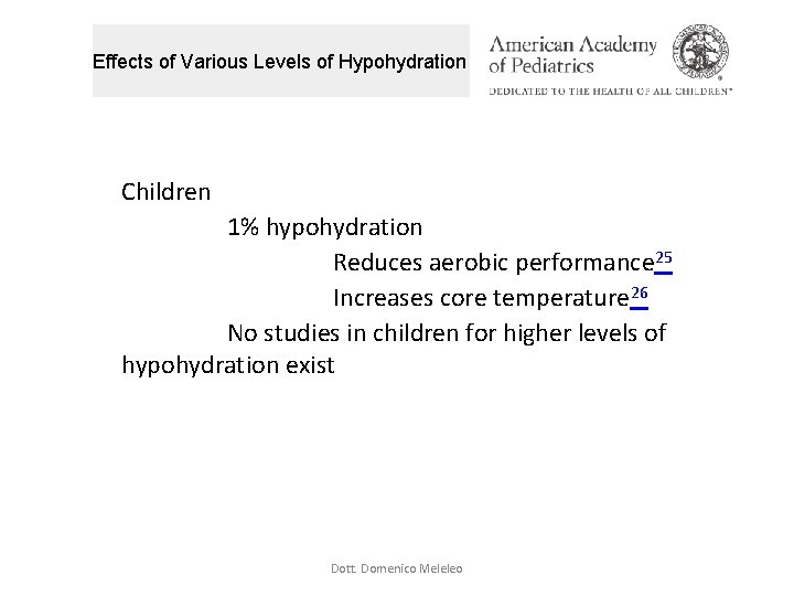 Effects of Various Levels of Hypohydration Children 1% hypohydration Reduces aerobic performance 25 Increases Effects of Various Levels of Hypohydration Children 1% hypohydration Reduces aerobic performance 25 Increases