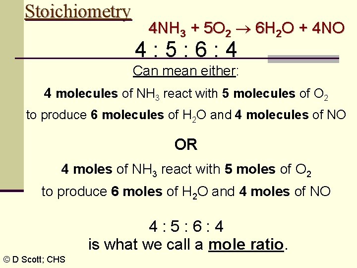 Stoichiometry 4 NH 3 + 5 O 2 6 H 2 O + 4