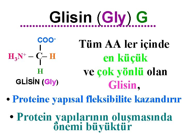 Glisin (Gly) G COO- H 3 N+ – C– H H GLİSİN (Gly) Tüm