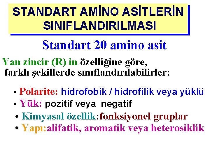 STANDART AMİNO ASİTLERİN SINIFLANDIRILMASI Standart 20 amino asit Yan zincir (R) in özelliğine göre,