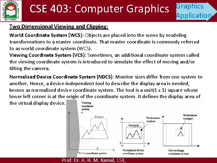 CSE 403: Computer Graphics Application Two Dimensional Viewing and Clipping: World Coordinate System (WCS):