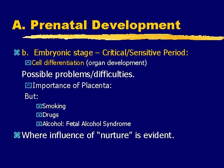 A. Prenatal Development z b. Embryonic stage – Critical/Sensitive Period: y. Cell differentiation (organ