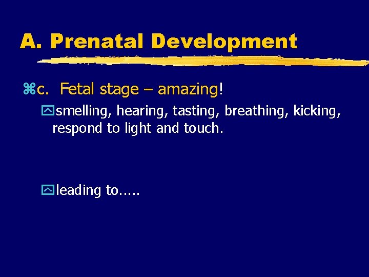 A. Prenatal Development zc. Fetal stage – amazing! ysmelling, hearing, tasting, breathing, kicking, respond