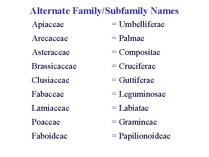 Alternate Family/Subfamily Names Apiaceae = Umbelliferae Arecaceae = Palmae Asteraceae = Compositae Brassicaceae =