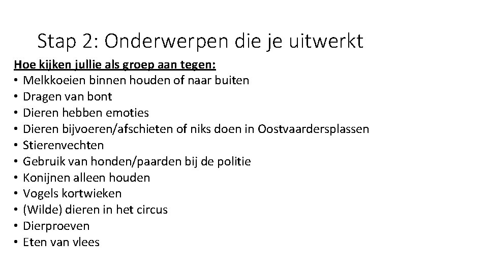 Stap 2: Onderwerpen die je uitwerkt Hoe kijken jullie als groep aan tegen: •