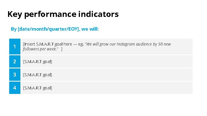 Key performance indicators By [date/month/quarter/EOY], we will: 1 [Insert S. M. A. R. T