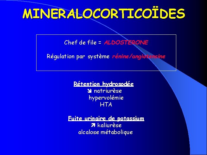 MINERALOCORTICOÏDES Chef de file = ALDOSTERONE Régulation par système rénine/angiotensine Rétention hydrosodée natriurèse hypervolémie