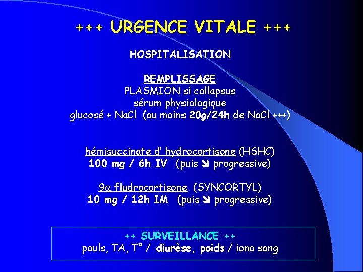 +++ URGENCE VITALE +++ HOSPITALISATION REMPLISSAGE PLASMION si collapsus sérum physiologique glucosé + Na.