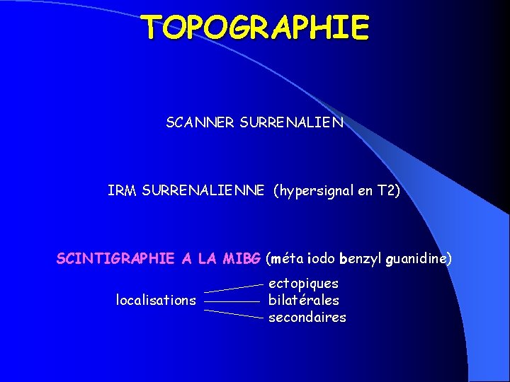 TOPOGRAPHIE SCANNER SURRENALIEN IRM SURRENALIENNE (hypersignal en T 2) SCINTIGRAPHIE A LA MIBG (méta