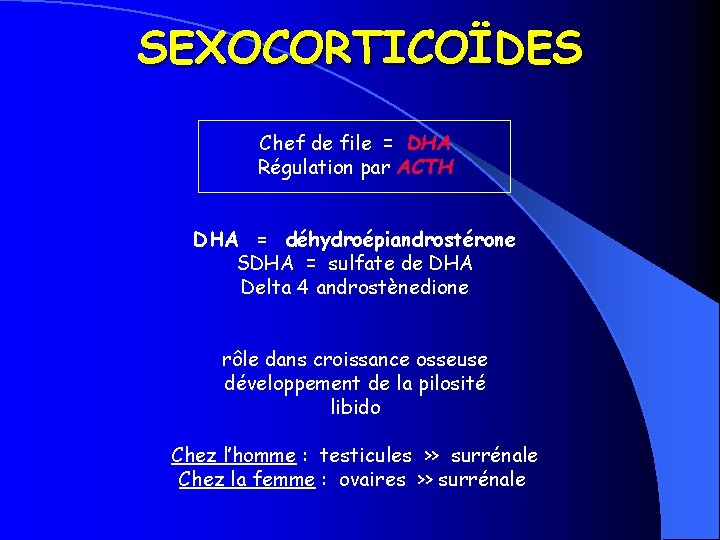 SEXOCORTICOÏDES Chef de file = DHA Régulation par ACTH DHA = déhydroépiandrostérone SDHA =