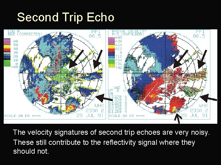Second Trip Echo The velocity signatures of second trip echoes are very noisy. These