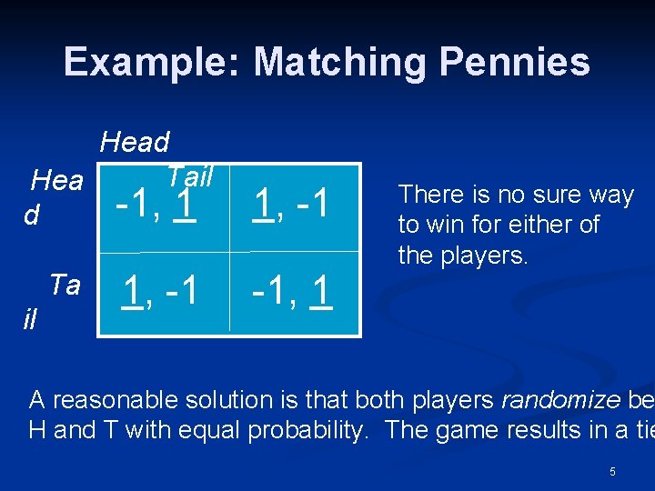 Example: Matching Pennies Head Tail Hea -1, 1 d Ta il 1, -1 -1,