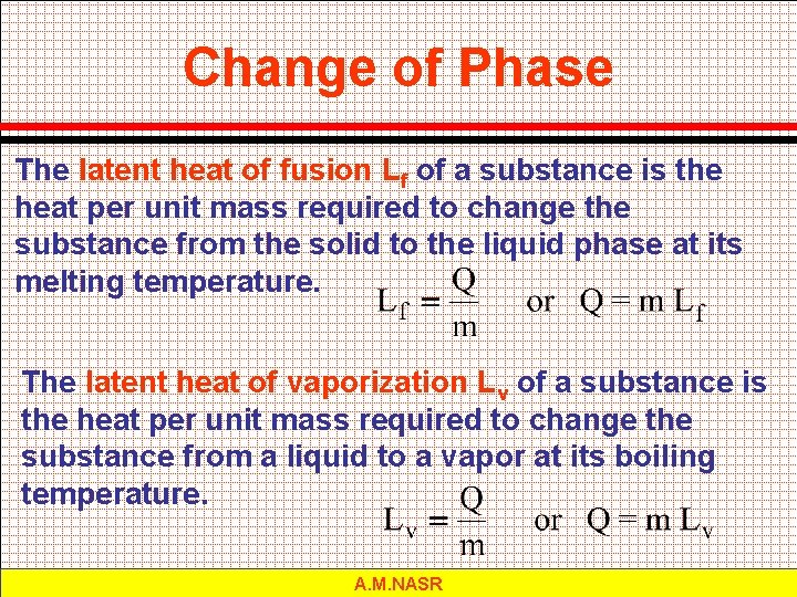 Change of Phase The latent heat of fusion Lf of a substance is the