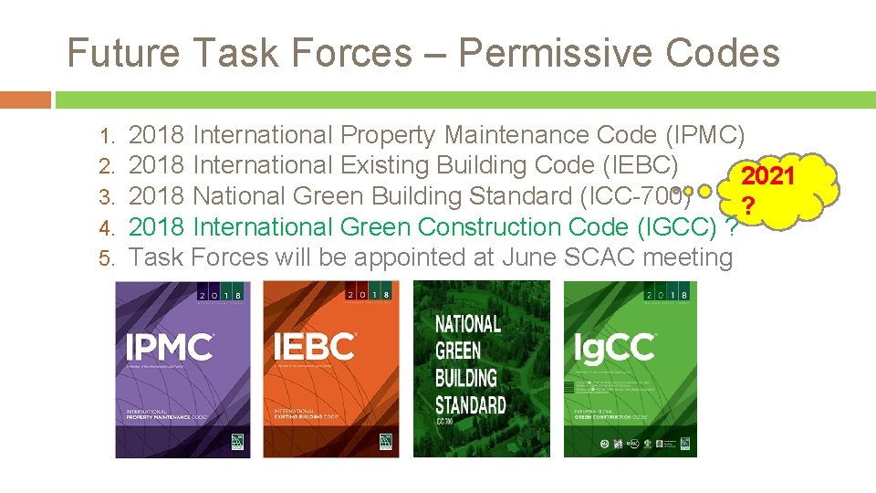 Future Task Forces – Permissive Codes 1. 2. 3. 4. 5. 2018 International Property