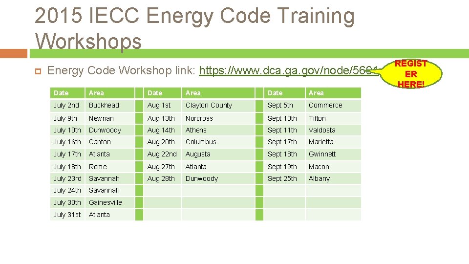 2015 IECC Energy Code Training Workshops Energy Code Workshop link: https: //www. dca. gov/node/5691