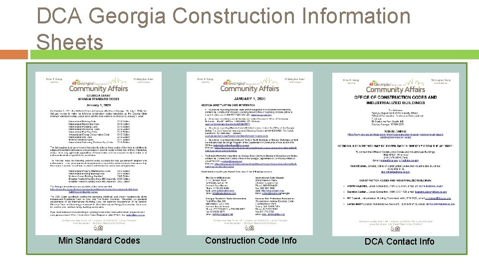 DCA Georgia Construction Information Sheets Min Standard Codes Construction Code Info DCA Contact Info