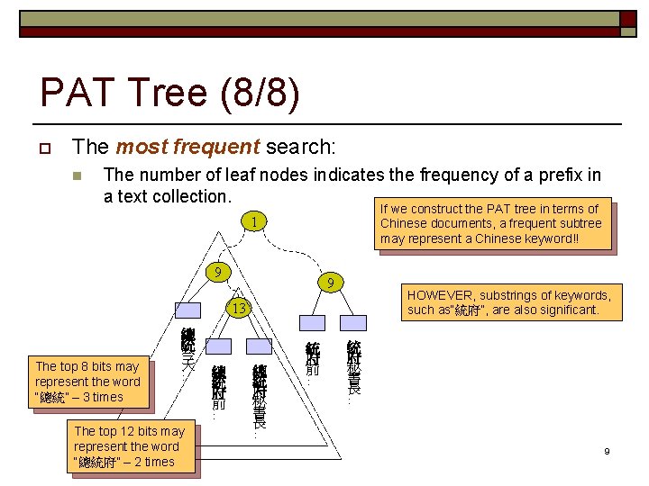 PAT Tree (8/8) o The most frequent search: n The number of leaf nodes
