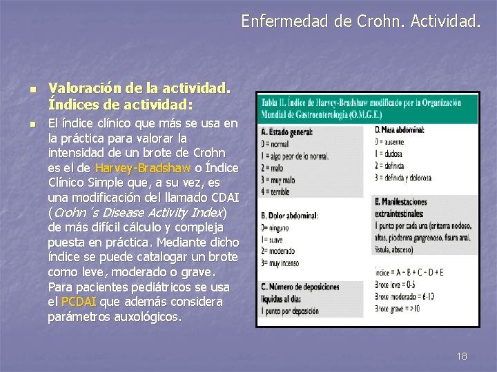 Enfermedad de Crohn. Actividad. n n Valoración de la actividad. Índices de actividad: El