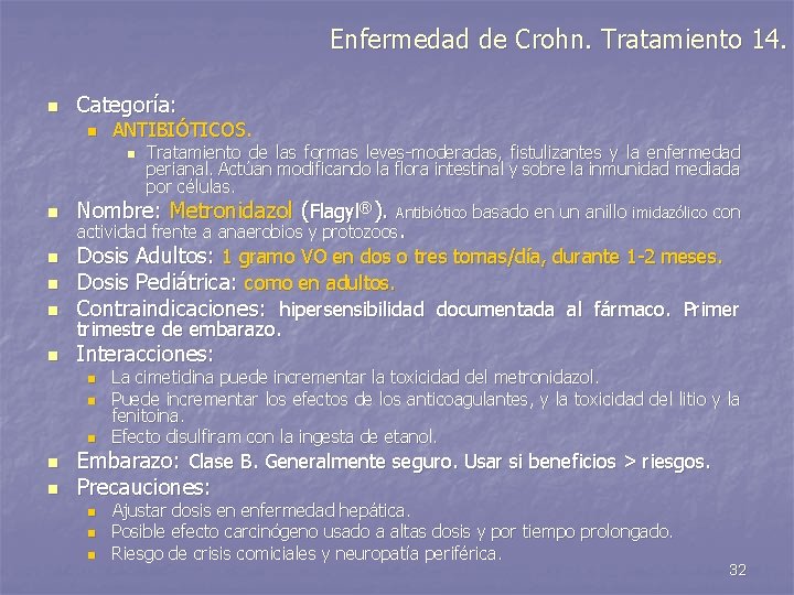 Enfermedad de Crohn. Tratamiento 14. n Categoría: n ANTIBIÓTICOS. Tratamiento de las formas leves-moderadas,