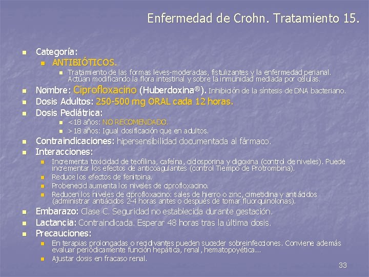 Enfermedad de Crohn. Tratamiento 15. n Categoría: n ANTIBIÓTICOS. n n Nombre: Ciprofloxacino (Huberdoxina®).