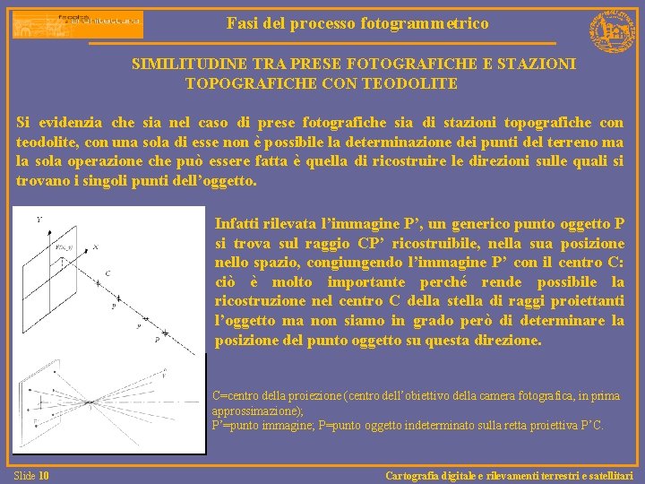 Fasi del processo fotogrammetrico SIMILITUDINE TRA PRESE FOTOGRAFICHE E STAZIONI TOPOGRAFICHE CON TEODOLITE Si