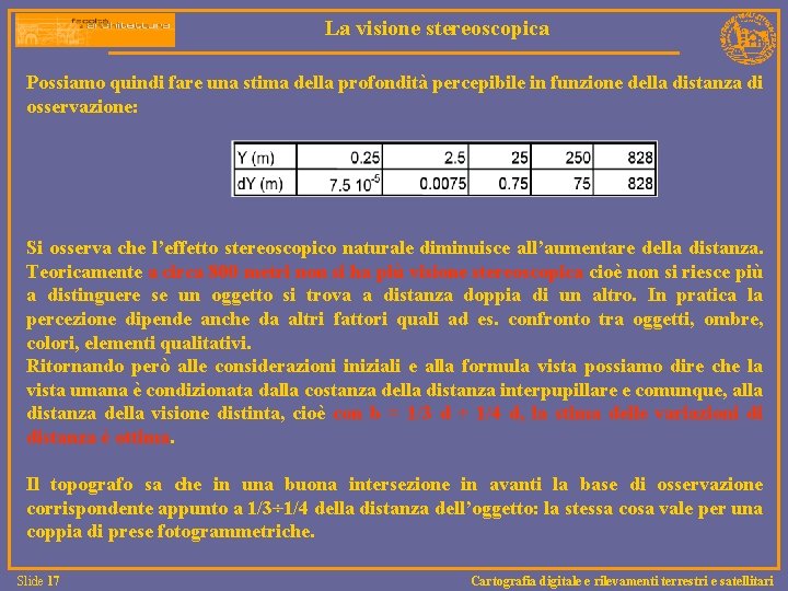 La visione stereoscopica Possiamo quindi fare una stima della profondità percepibile in funzione della