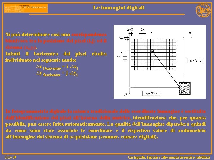 Le immagini digitali Si può determinare così una corrispondenza biunivoca tra la posizione del